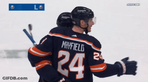 A Hockey Player With The Name Mayfield On His Back GIF
