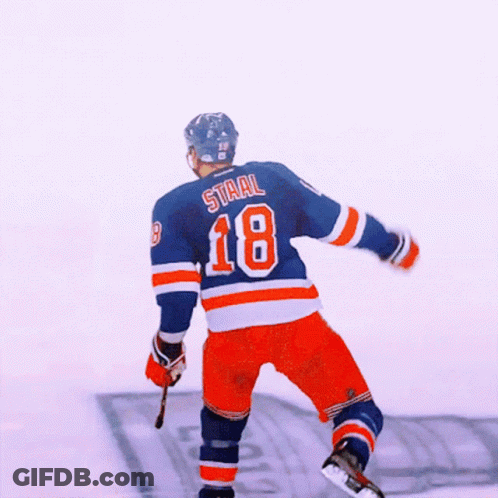 A Hockey Player With The Name Staal On His Back GIF