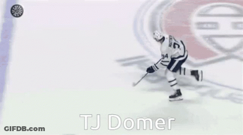 A Hockey Player With The Name Tj Domer On The Bottom GIF