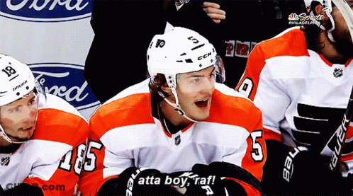 A Hockey Player With The Number 105 On His Jersey Says Atta Boy GIF