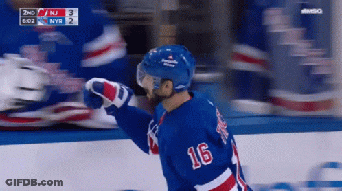 A Hockey Player With The Number 16 On His Jersey Is Giving A High Five GIF