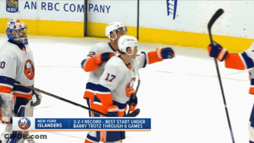A Hockey Player With The Number 17 On His Jersey Is Being Congratulated By His Teammates GIF