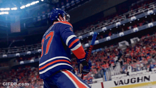 A Hockey Player With The Number 17 On His Jersey Is Holding A Hockey Stick GIF