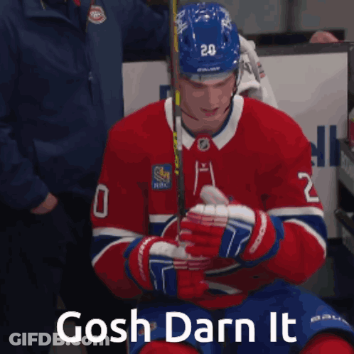 A Hockey Player With The Number 20 On His Helmet Is Holding A Hockey Stick GIF