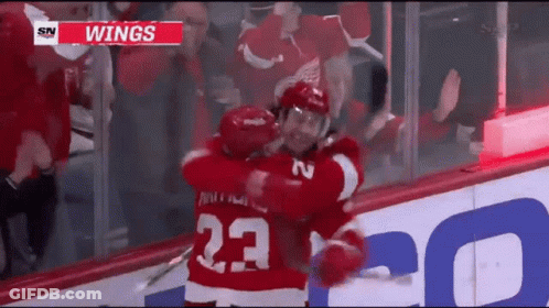 A Hockey Player With The Number 23 On His Jersey Hugging Another Player GIF