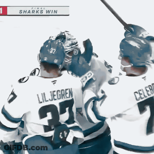 A Hockey Player With The Number 27 On His Back Celebrates A Sharks Win GIF