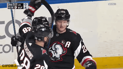 A Hockey Player With The Number 28 On His Jersey Is Celebrating With Another Player GIF