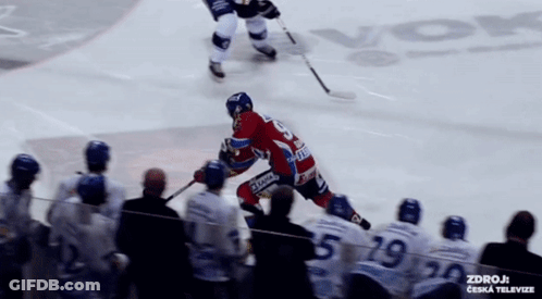 A Hockey Player With The Number 29 On His Jersey Is Being Chased By Another Player GIF