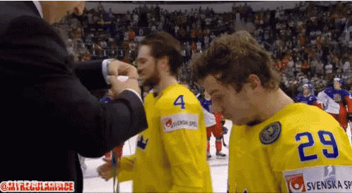 A Hockey Player With The Number 29 On His Jersey Stands Next To Another Player GIF