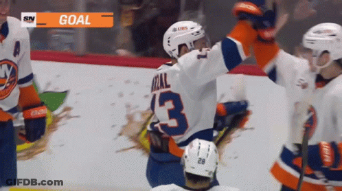 A Hockey Player With The Number 3 On His Jersey Is Celebrating A Goal GIF