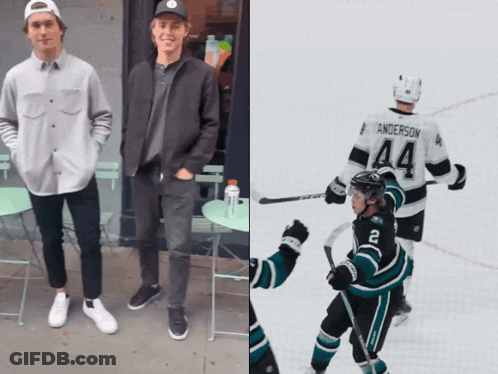 A Hockey Player With The Number 44 On His Jersey Stands Next To Another Player GIF