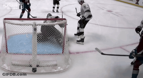 A Hockey Player With The Number 5 On His Jersey Stands In Front Of The Net GIF