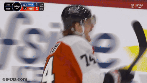 A Hockey Player With The Number 74 On His Jersey Is Holding A Hockey Stick GIF