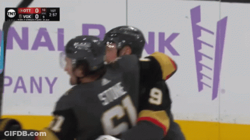 A Hockey Player With The Number 9 On His Back Hugging Another Player GIF