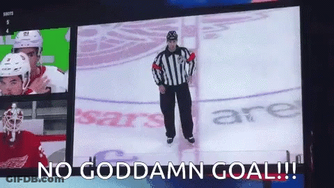 A Hockey Referee Stands On The Ice In Front Of A Screen That Says No Goddamn Goal !!! GIF