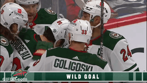 A Hockey Team Celebrates A Wild Goal With A Banner Behind Them GIF