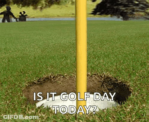 A Hole In The Grass With The Words Is It Golf Day Today On It GIF