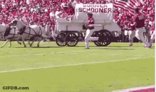 A Horse Drawn Wagon With A Sign That Says Sooner Schooner GIF
