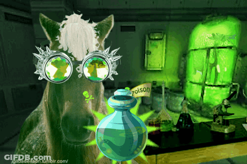 A Horse Is Holding A Bottle Of Poison In Front Of A Green Room GIF