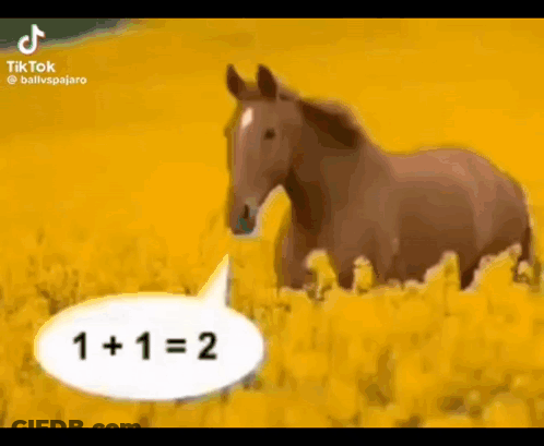 A Horse Is Standing In A Field Of Yellow Flowers With A Speech Bubble That Says 1 + 1 = 2 . GIF