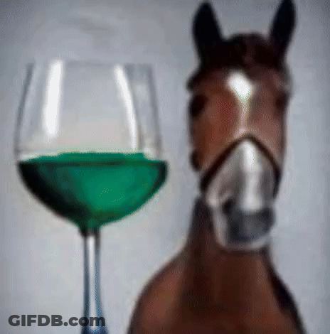 A Horse Is Standing In Front Of A Glass Of Green Liquid GIF