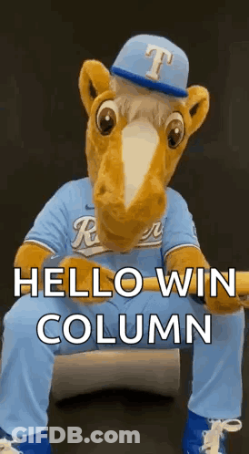 A Horse Mascot Is Holding A Baseball Bat And Says Hello Win Column . GIF