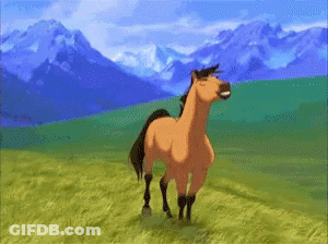 A Horse With Mountains In The Background Is Standing In A Field GIF