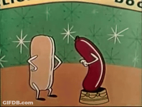 A Hot Dog And A Sausage Are Standing Next To Each Other In A Cartoon . GIF