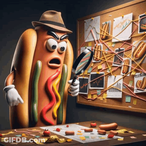 A Hot Dog Is Looking Through A Magnifying Glass At A Bulletin Board Full Of Hot Dogs GIF
