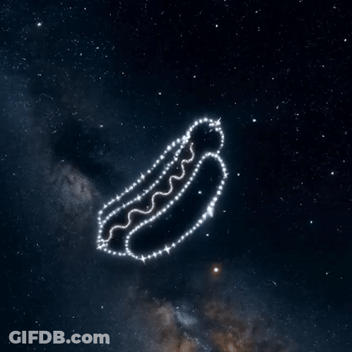 A Hot Dog Made Of Stars Is Flying Through The Air GIF