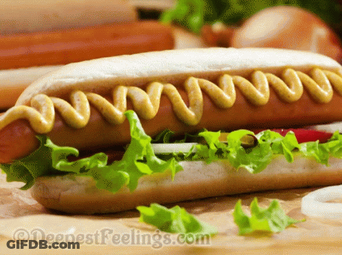 A Hot Dog On A Bun With Mustard And Lettuce On A Table GIF
