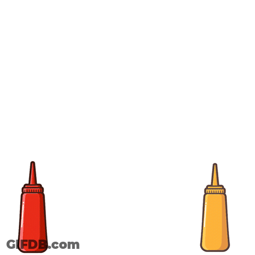 A Hot Dog On A Plate Next To A Bottle Of Ketchup And A Bottle Of Mustard GIF