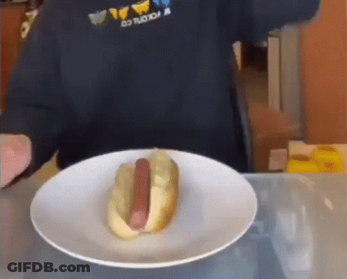 A Hot Dog On A Plate With A Person Behind It GIF