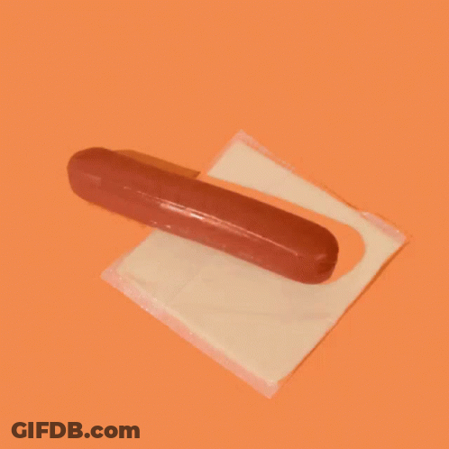 A Hot Dog Sitting On Top Of A Slice Of Cheese GIF