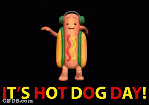 A Hot Dog Wearing Headphones Is Dancing With The Words " It 'S Hot Dog Day " Below Him GIF