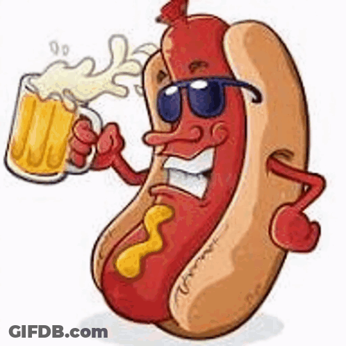 A Hot Dog Wearing Sunglasses And Holding A Mug Of Beer . GIF