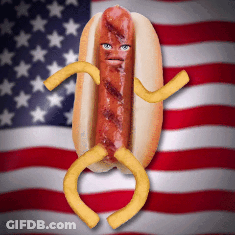 A Hot Dog With A Face And Arms Made Out Of French Fries In Front Of An American Flag GIF
