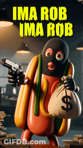 A Hot Dog With A Gun And A Bag Of Money GIF