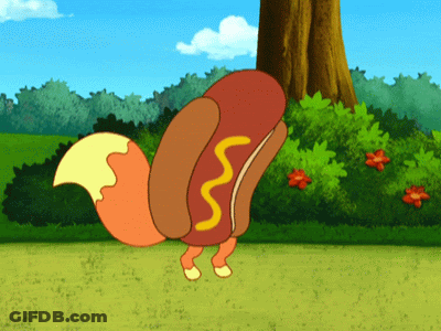 A Hot Dog With A Yellow Swirl On It GIF