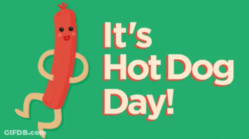A Hot Dog With Arms And Legs Is On A Green Background With The Words It 'S Hot Dog Day . GIF