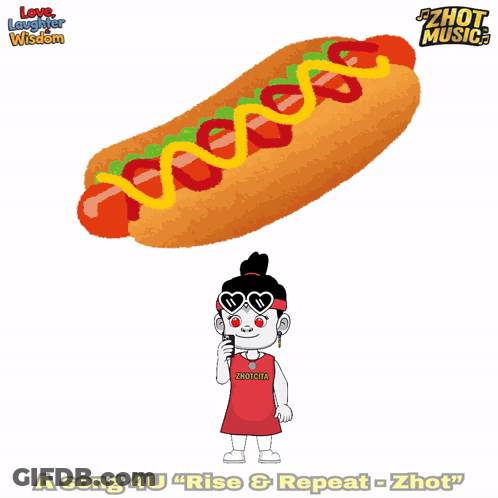 A Hot Dog With Ketchup And Mustard Next To A Cartoon Character Wearing A Zhot Shirt GIF