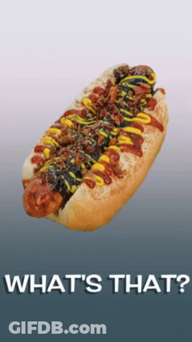 A Hot Dog With Ketchup Mustard And Bacon On A Bun With The Words What 'S That Written Below It GIF
