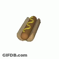 A Hot Dog With Mustard On It Is On A Bun On A White Background . GIF