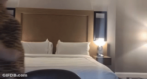 A Hotel Room With A King Size Bed And A Lamp GIF