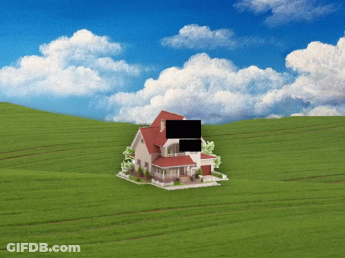 A House In The Middle Of A Grassy Field With A Black Square In The Middle GIF