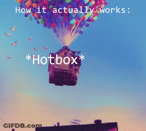 A House Is Being Lifted In The Air By Balloons With The Words How It Actually Works * Hotbox * Below It GIF