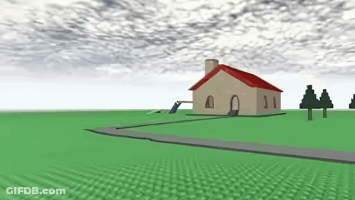 A House With A Red Roof Is In The Middle Of A Field GIF