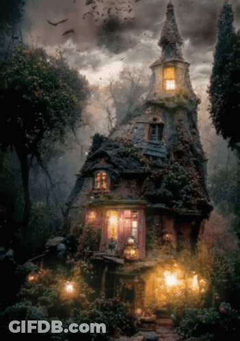 A House With A Tower On Top Of It In The Middle Of A Dark Forest GIF