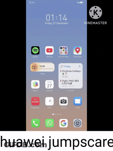 A Huawei Jumpscare Screen Shows The Time As 1:14 GIF
