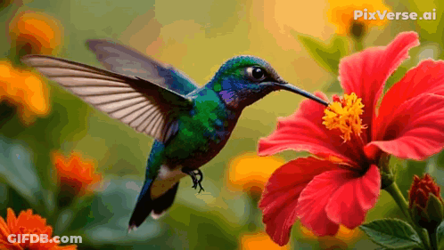 A Hummingbird Is Perched On A Red Flower With Pixverse.ai Written In The Corner GIF